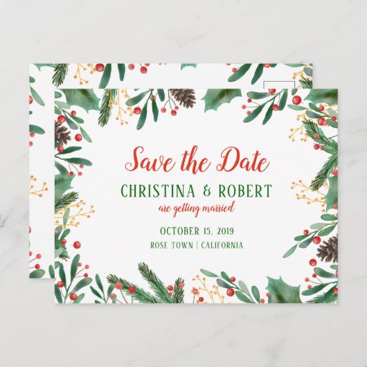 Holly Leaves Berry kerst | Datum opslaan Aankondigingskaart (Voorkant / Achterkant)