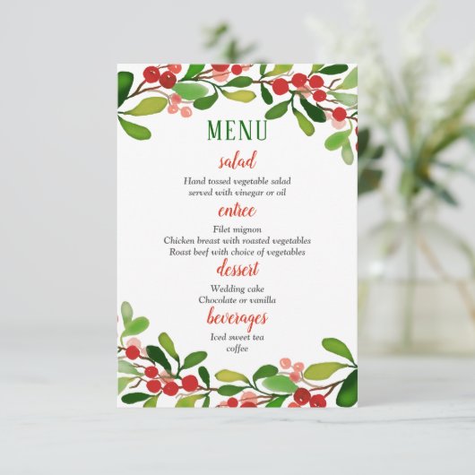 Holly Leaves Berry Kerst | Trouwmenu Kaart (Staand voorkant)