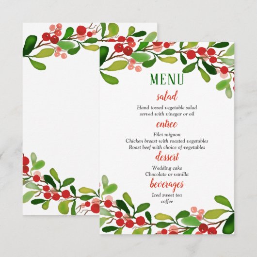 Holly Leaves Berry Kerst | Trouwmenu Kaart (Voorkant / Achterkant)
