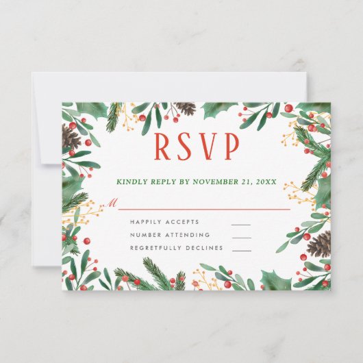 Holly Leaves Berry kerst | Weddenschap RSVP (Voorkant)