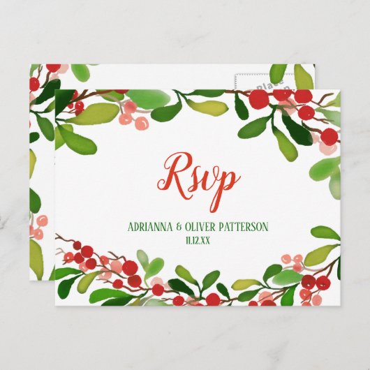 Holly Leaves Berry kerst | Weddenschap RSVP Uitnodiging Briefkaart (Voorkant / Achterkant)