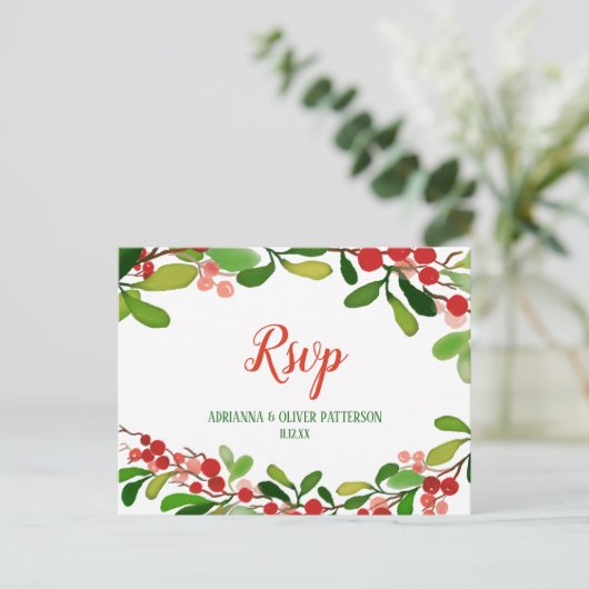 Holly Leaves Berry kerst | Weddenschap RSVP Uitnodiging Briefkaart (Staand voorkant)