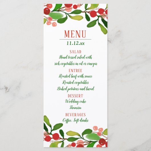 Holly Leaves Berry Kerstmis | Trouwmenu Menu (Voorkant)