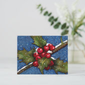 Holly Leaves en Berries met sneeuwval Briefkaart (Staand voorkant)