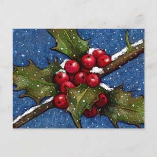 Holly Leaves en Berries met sneeuwval Briefkaart