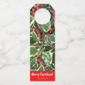 Holly Leaves en Red Berries Holiday Flessenhanger (Voorkant)