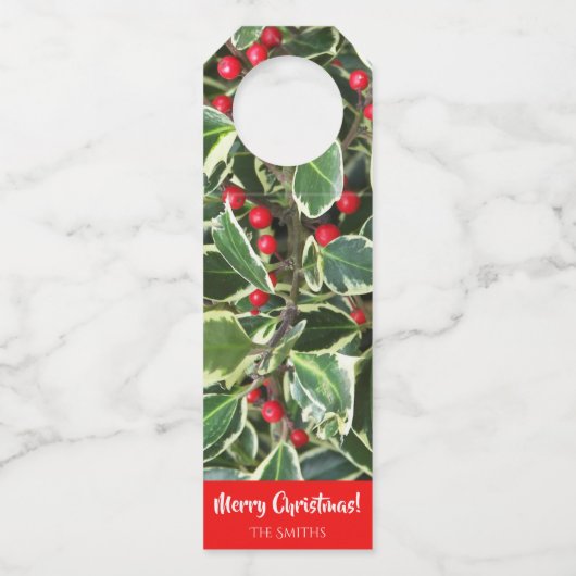 Holly Leaves en Red Berries Holiday Flessenhanger (Voorkant)