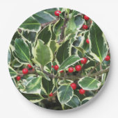 Holly Leaves en Red Berries Holiday Papieren Bordje (Voorkant)