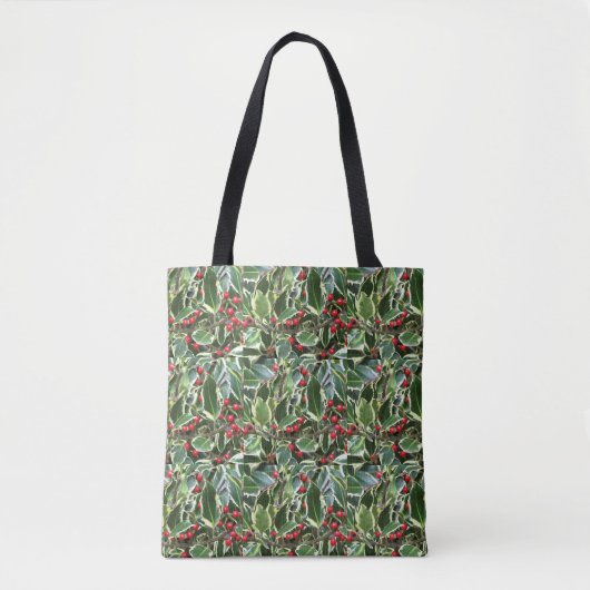 Holly Leaves en Red Berries Pattern Holiday Tote Bag (Voorkant)