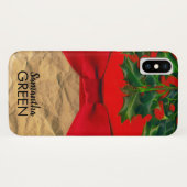 Holly Leaves en Red Bow Monogram Case-Mate iPhone Case (Achterkant (horizontaal))
