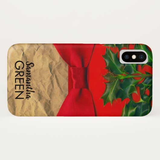 Holly Leaves en Red Bow Monogram Case-Mate iPhone Case (Achterkant (horizontaal))