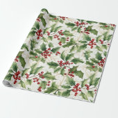 Holly Leaves en Rode bessen Cadeaupapier (Uitgerold)