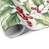 Holly Leaves en Rode bessen Cadeaupapier (Rol Hoek)