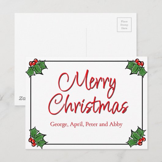 Holly Leaves, Holly berries, Kerstmis Briefkaart (Voorkant / Achterkant)