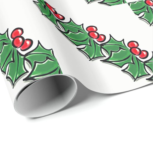 Holly Leaves, Holly berries, Kerstmis Cadeaupapier (Rol Hoek)