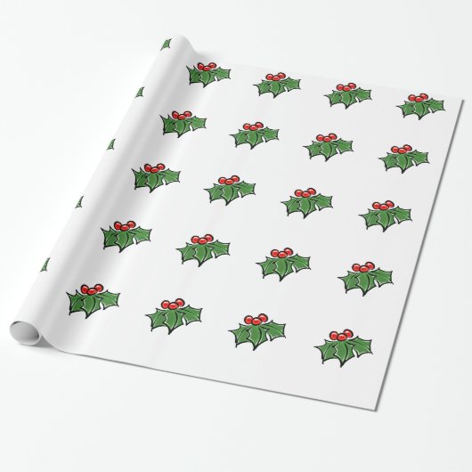 Holly Leaves, Holly berries, prettige vakantie bot Cadeaupapier (Uitgerold)