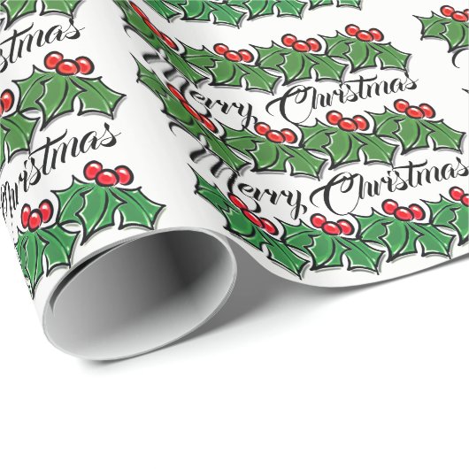 Holly Leaves, Holly berries, Vrolijk Kerstfeest Cadeaupapier (Rol Hoek)