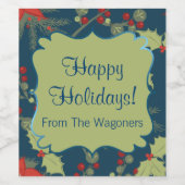 Holly Leaves, kerstwijn Label, je past je aan Wijn Etiket (Enkel label)