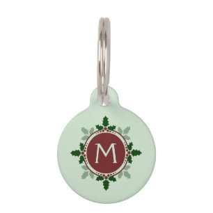 Holly Leaves Monogram Green Red Feestdagen Huisdierpenning