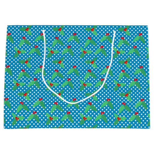 Holly Leaves op Aqua Gift Bag - Groot, glanzend Large Cadeautasje (Voorkant)
