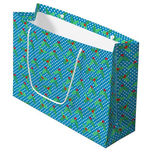 Holly Leaves op Aqua Gift Bag - Groot, glanzend Large Cadeautasje (Voorkant Gekanteld)