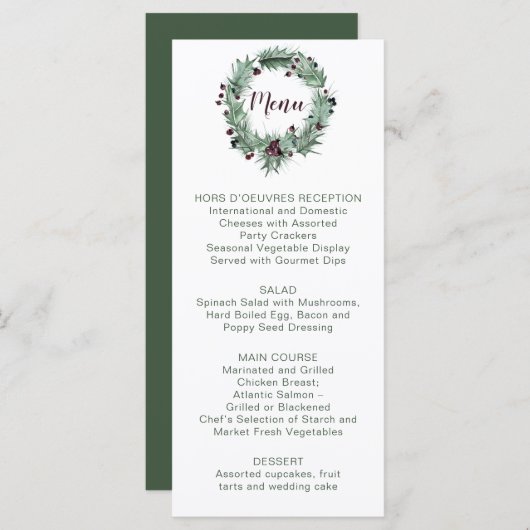 Holly Leaves, Pine, Berries Winter Wedding Menu (Voorkant / Achterkant)