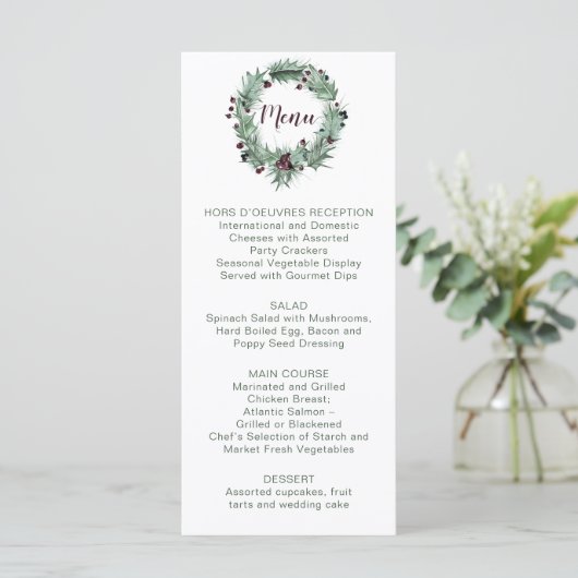 Holly Leaves, Pine, Berries Winter Wedding Menu (Staand voorkant)