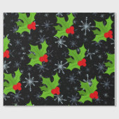 Holly Leaves, Red Berries Snowflake Wrapping Paper Cadeaupapier (Vlak)