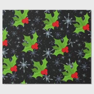 Holly Leaves, Red Berries Snowflake Wrapping Paper Cadeaupapier