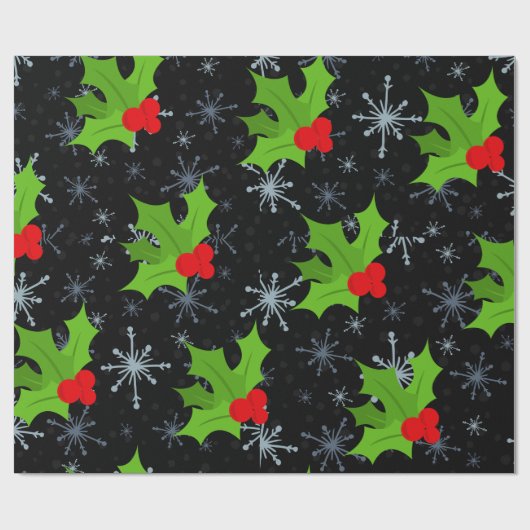 Holly Leaves, Red Berries Snowflake Wrapping Paper Cadeaupapier (Vlak)