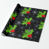 Holly Leaves, Red Berries Snowflake Wrapping Paper Cadeaupapier (Uitgerold)