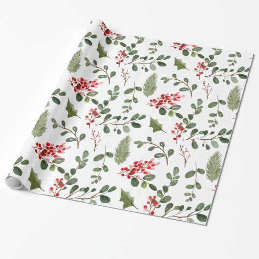 Holly Leaves Red Berry Holiday Waterverf Patroon Cadeaupapier (Uitgerold)