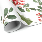 Holly Leaves Red Berry Holiday Waterverf Patroon Cadeaupapier (Rol Hoek)
