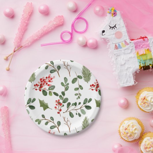 Holly Leaves Red Berry Holiday Waterverf Patroon Papieren Bordje (Feest)