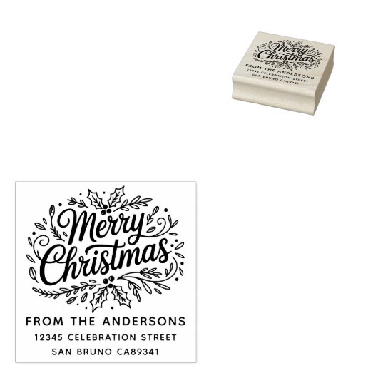 Holly Merry Christmas Familienaam Retouradres Rubberstempel (Gestempeld)