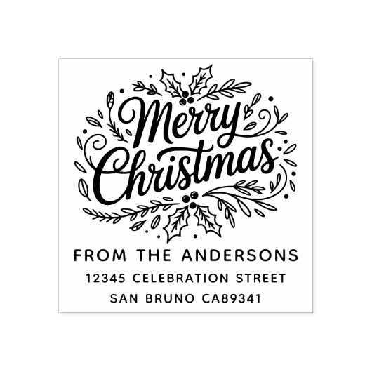 Holly Merry Christmas Familienaam Retouradres Rubberstempel (Afrduk)
