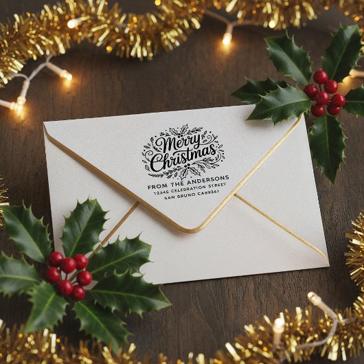 Holly Merry Christmas Familienaam Retouradres Rubberstempel