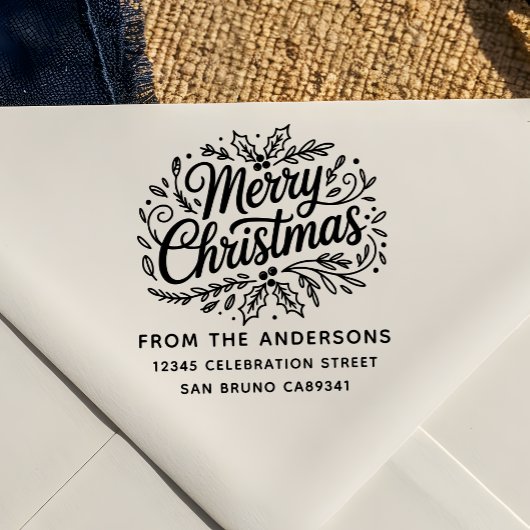 Holly Merry Christmas Familienaam Retouradres Zelfinktende Stempel