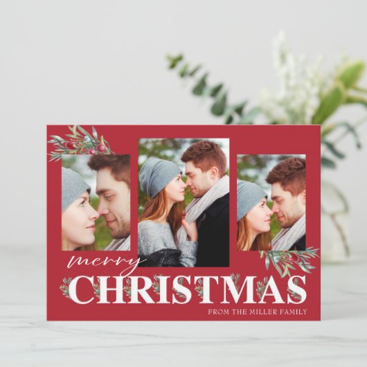 Holly Merry Christmas Holiday Fotocollage Feestdagenkaart (Staand voorkant)