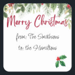Holly Merry Christmas-label met bewerkbare namen Vierkante Sticker<br><div class="desc">Vrolijke Merry Christmas sticker met bewerkbare namen. Feestelijke holly loof en bessen.</div>