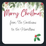 Holly Merry Christmas-label met bewerkbare namen Vierkante Sticker<br><div class="desc">Vrolijke Merry Christmas sticker met bewerkbare namen. Feestelijke holly loof en bessen.</div>