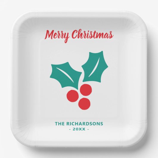 Holly Merry Christmas Rood Wit Groen Custom Name Papieren Bordje (Voorkant)