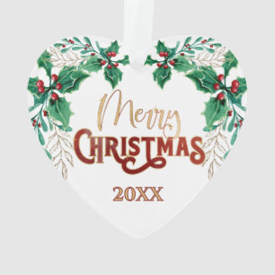 Holly Merry Christmas Waterverf Gold Familie Foto Ornament