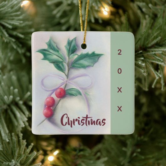 Holly met kerstmis met Bow Pastel Keramisch Ornament (Boom)