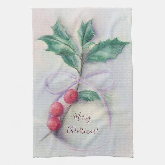 Holly met kerstmis met Bow Pastel Theedoek (Verticaal)
