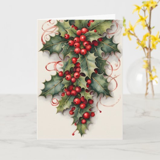 Holly met levendige rode bessen Kerstmis Kaart (Gele Bloem)