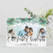Holly Mistletoe 3 Foto Ons eerste kerstscript Feestdagenkaart (Staand voorkant)