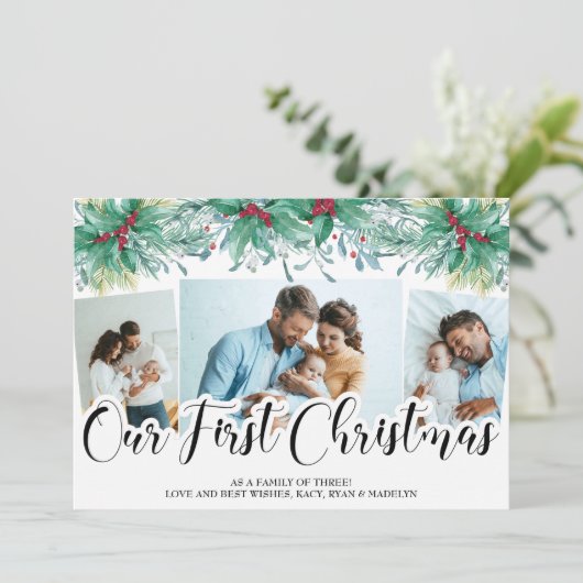 Holly Mistletoe 3 Foto Ons eerste kerstscript Feestdagenkaart (Staand voorkant)