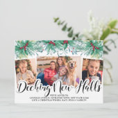 Holly Mistletoe 3 Photo Decing New Halls Script Feestdagenkaart (Staand voorkant)