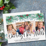 Holly Mistletoe 3 Photo Decing New Halls Script Feestdagenkaart<br><div class="desc">Waterverf Holly en Mistletoe die de Nieuwe Kaart van de Aankondiging van de Vakantie van de Vakantie van de Vakantie van de Vakantie Decking New Halls, gepersonaliseerd met 3 van uw favoriete foto's. Het fotomalplaatje is opstelling voor u om een horizontale foto en 2 verticale foto's evenals uw gepersonaliseerde groet...</div>